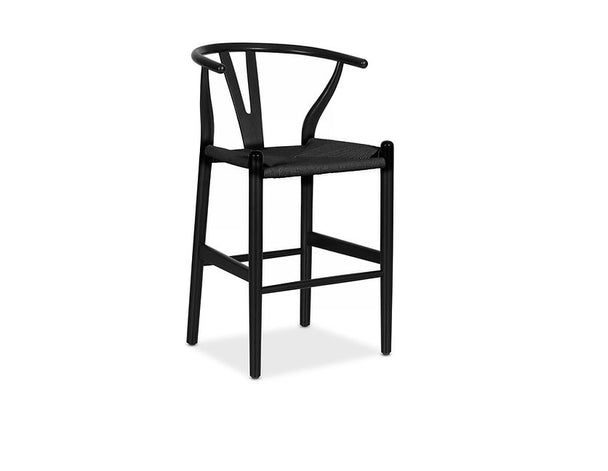 Orient Counter Stool in Black with rounded backrest, solid oak frame, and handwoven cord seat—modern and minimalist kitchen seating.