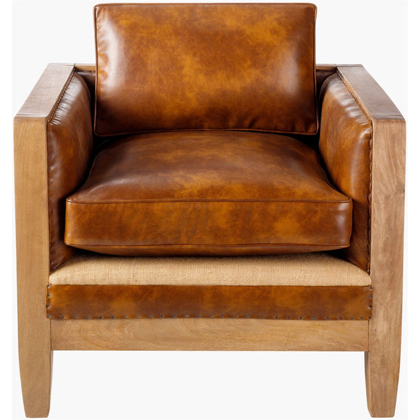 Brown leather and jute accent chair with nailhead trim and solid mango wood legs, styled in a modern living room corner.