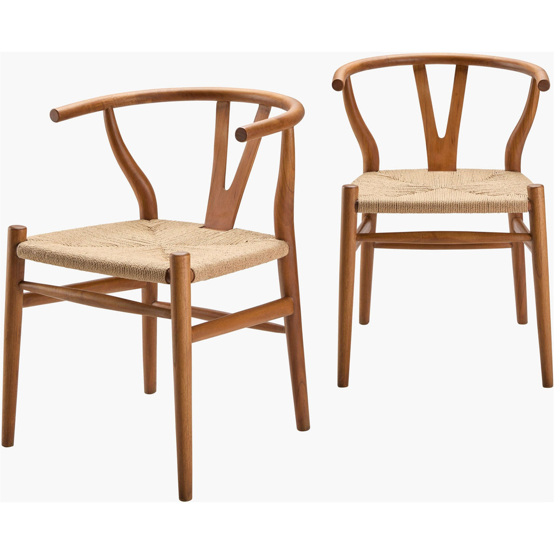 Mid-century style dining chairs with natural seagrass seat and back, solid teak wood frame, styled in a modern dining room.