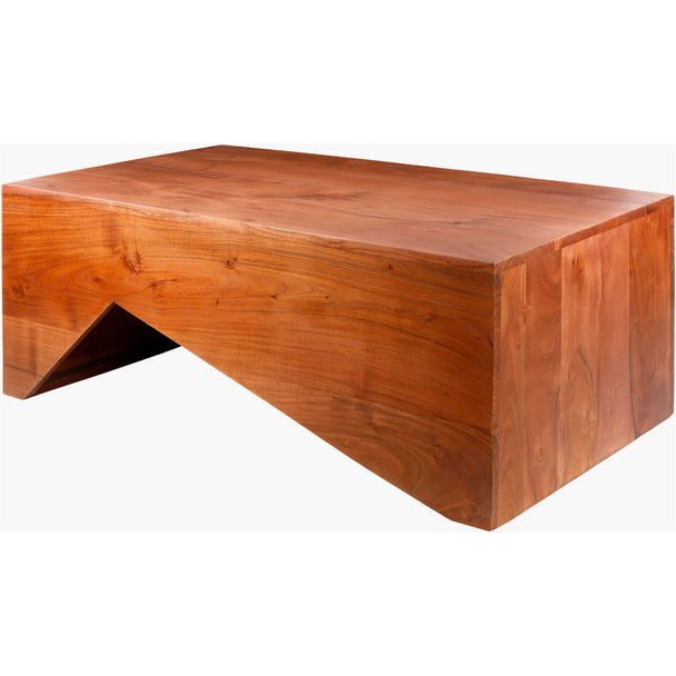 Modern acacia wood coffee table with clean lines, handcrafted in India, styled in a contemporary living room.
