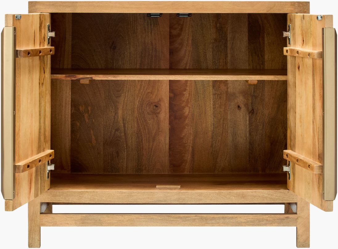 Modern mango wood cabinet with clean lines and natural wood grain finish, interior view.