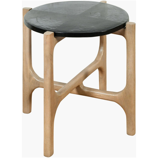 Modern end table with clear glass top and natural mango wood base